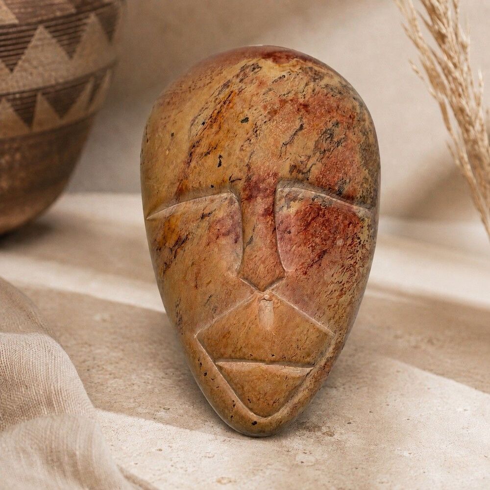 Kenya Kisii Soapstone Face Mask Trinket Box Hand Carved African Folk Art Vintage